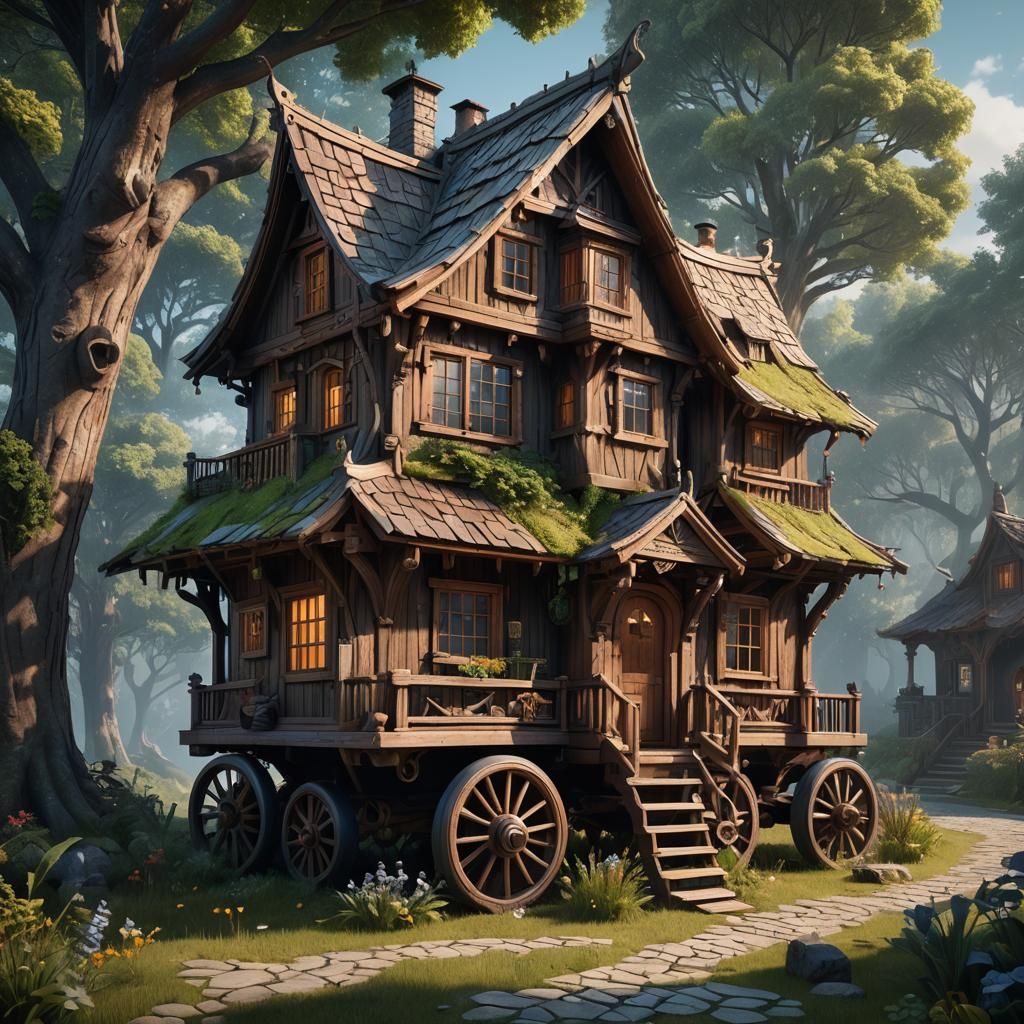 An unusual wooden house on wheels