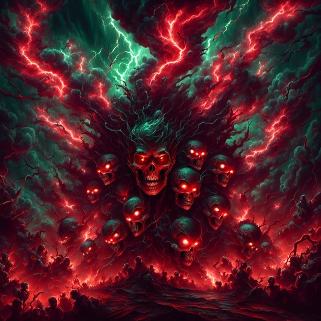 Dark Tornado of ethereal red skull heads, tornado, "top down view", <lora:Wild Storm:1.0> in translucent red lit background, lightning, eeri...