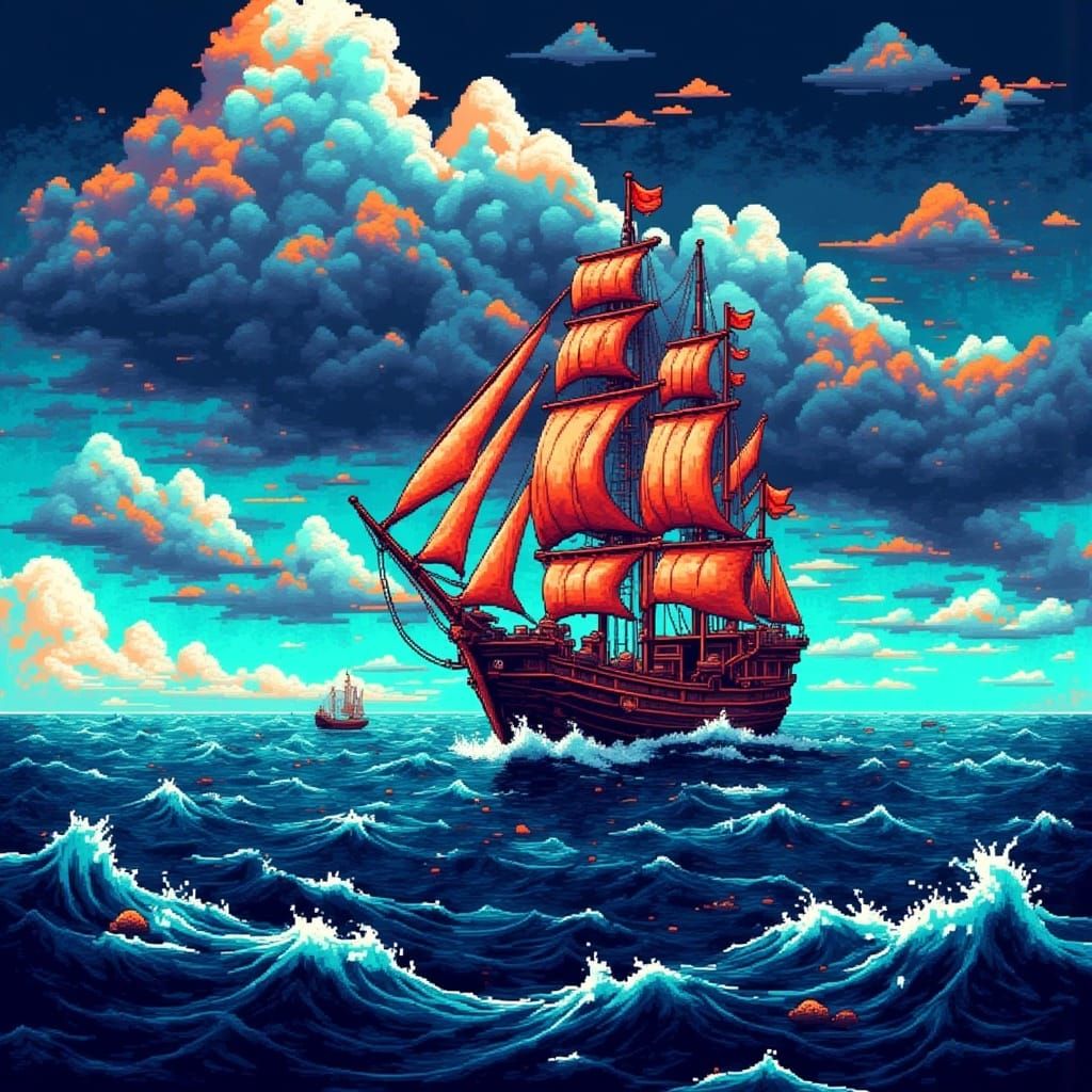 sailboat on ocean <lora:8bitcity flux:1.0> (8 bit pixel art:1.8) Spectacular detailed fine-art illustration in the dramatic pixel art creati...