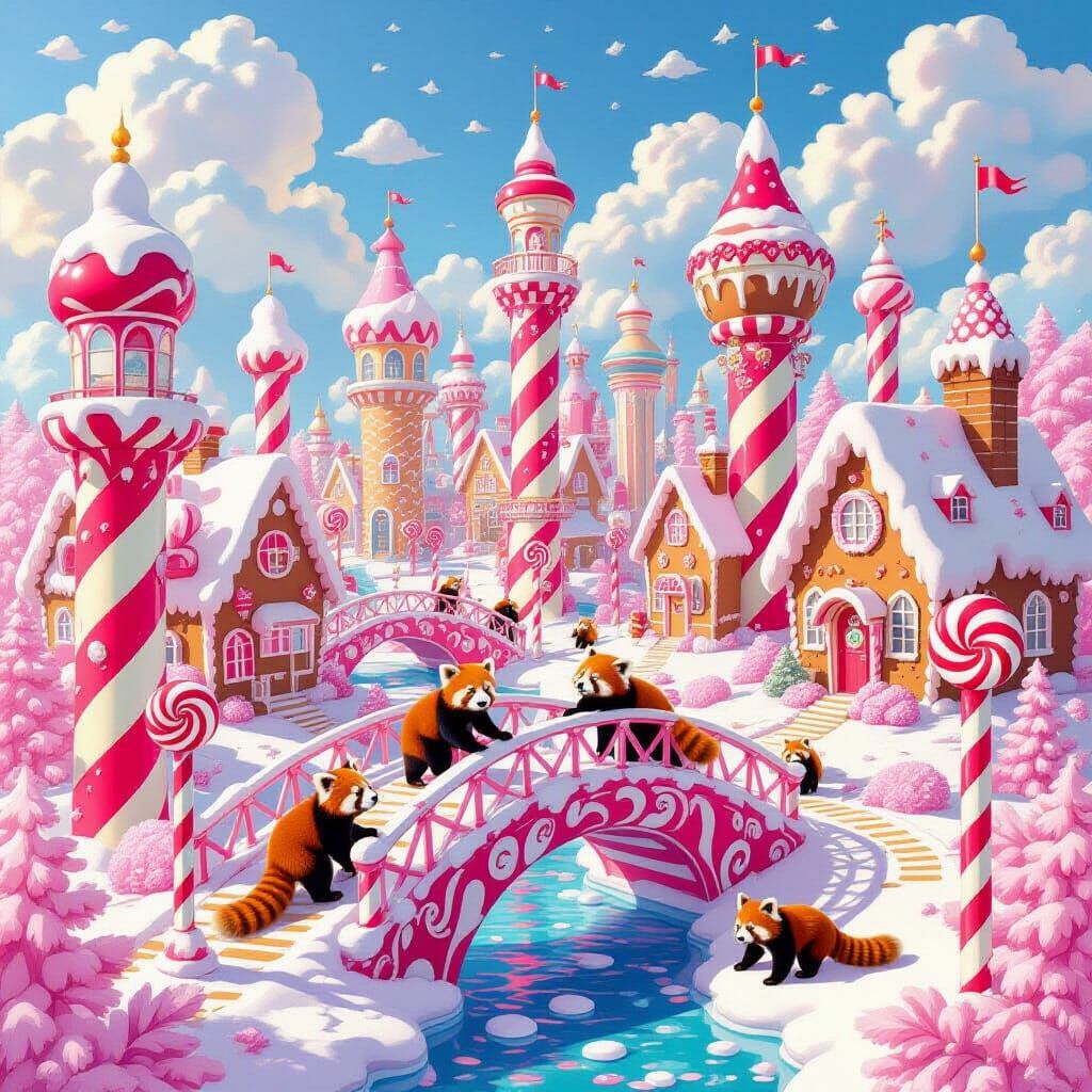 A fantastical cityscape where the buildings are designed to resemble oversized, colorful candy canes and gingerbread houses. Red pandas are ...