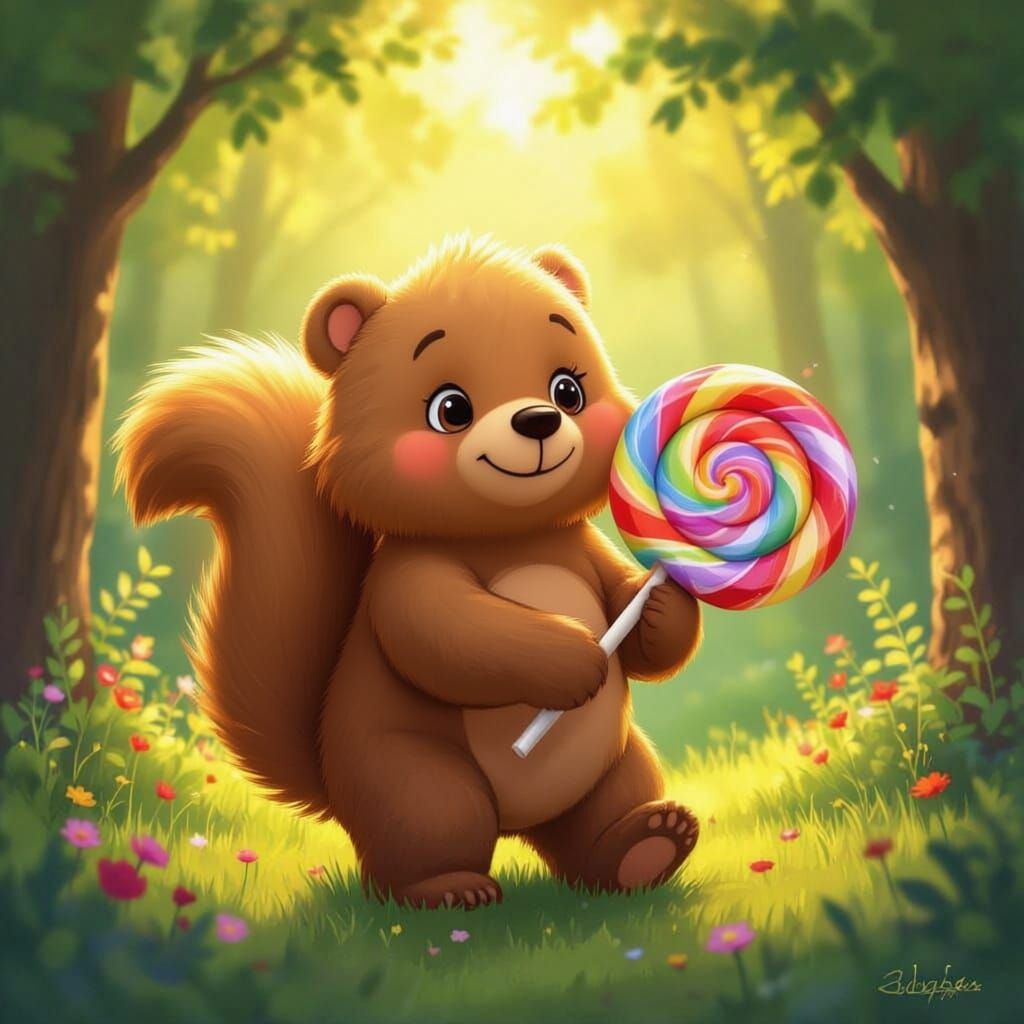 A cute baby squirrel with a lollipop