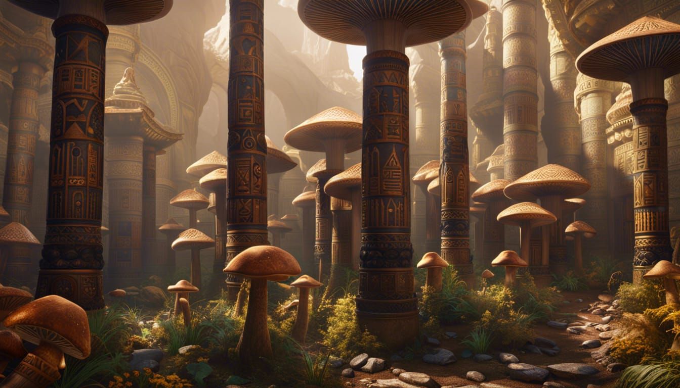 Mushrooms with hieroglyphics on stem Egypt columns detailed matte ...