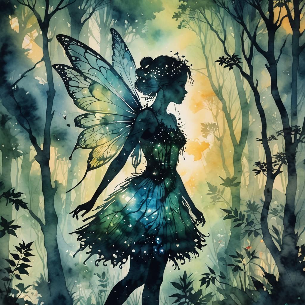 watercolor picture of a Silhouette of a fairy filled with a ...