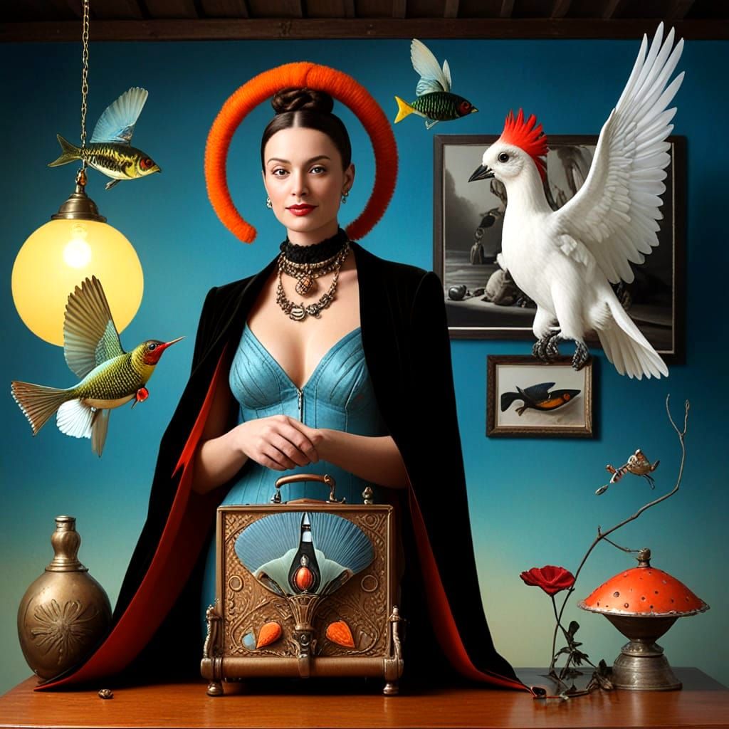 Eccentric Lady with Exotic Animals in Surreal Landscape