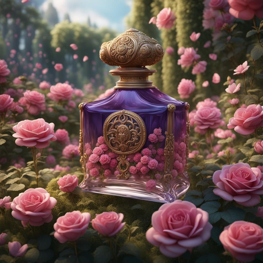 Un flacon de parfum rempli de fleurs dans un jardin.