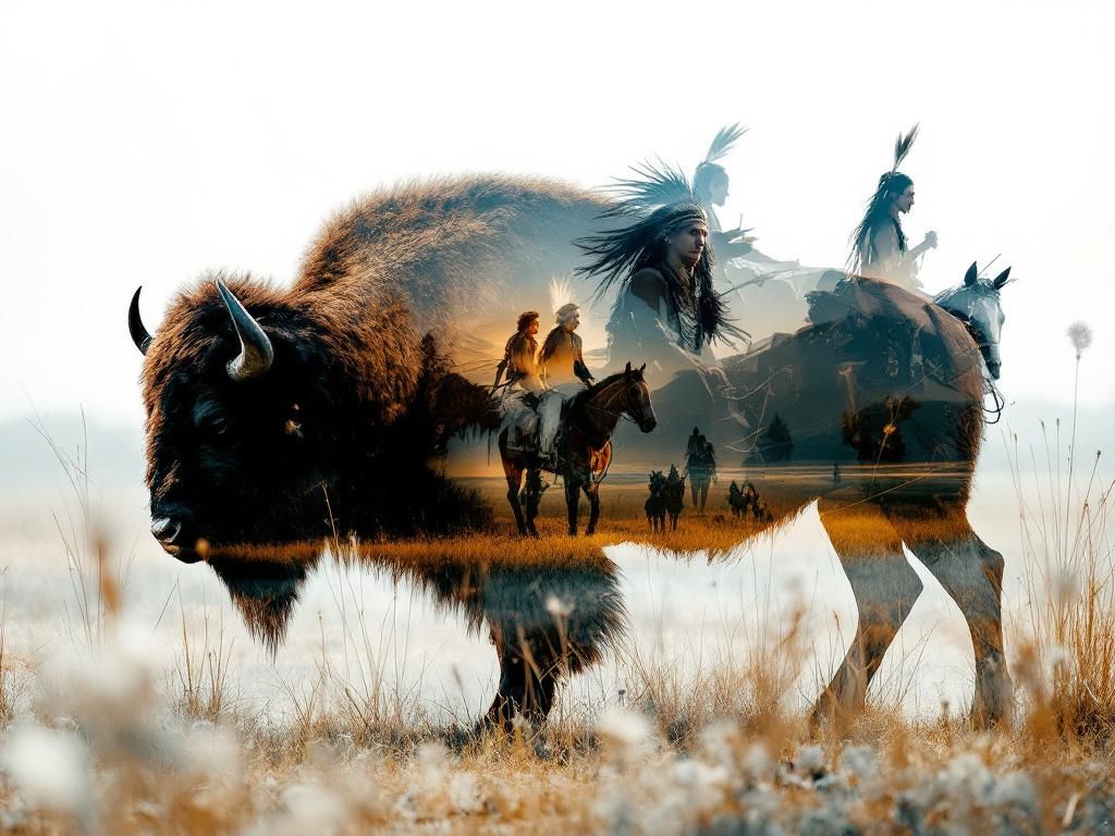 Digital Double Exposure Bison and Indians riding on Horses