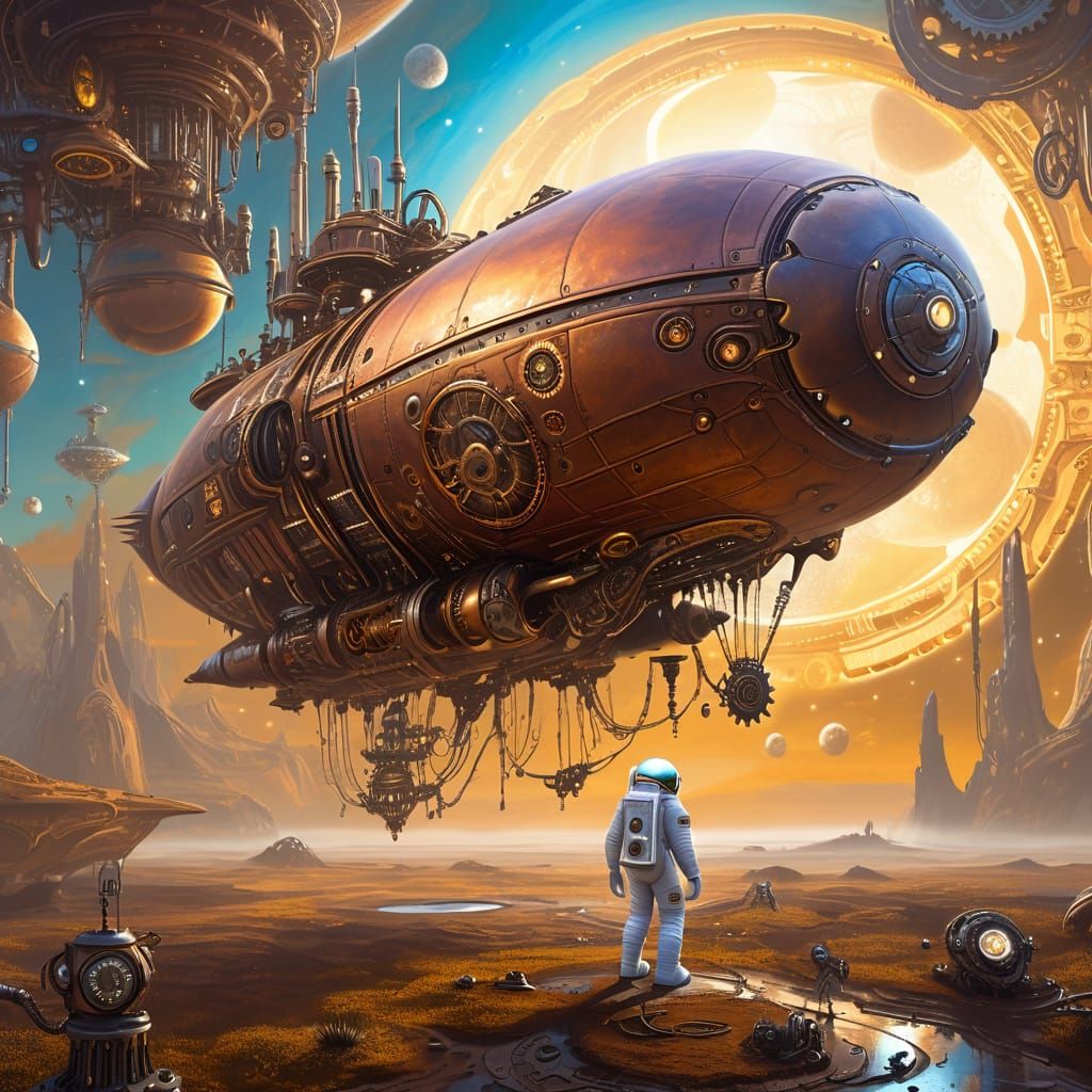 Oil painting. A lone astronaut discovers a steampunk airship crashed on an alien planet, intricate gears ...  by @Sandy 