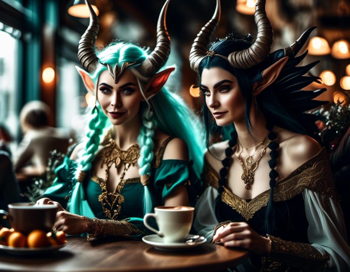 two demon ladies in a cafe