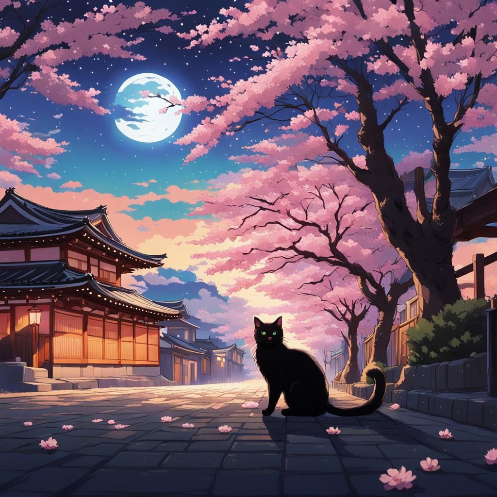 A black cat under a cherry blossom in an old town in Japan w...