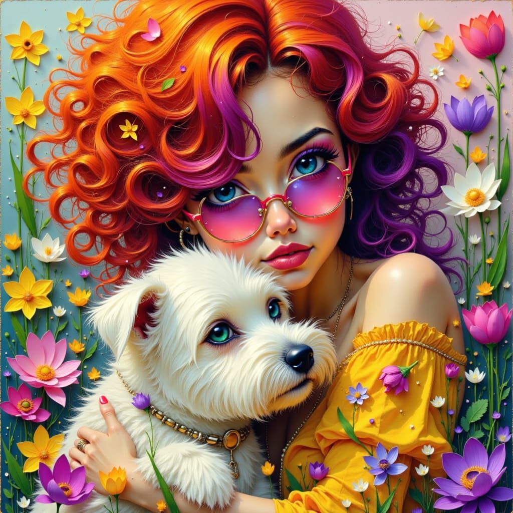 Vibrantly colourful close-up of a 1960's hippy woman with wild curly auburn hair, purple streaks, and pink highlights, wearing round-rimmed ...