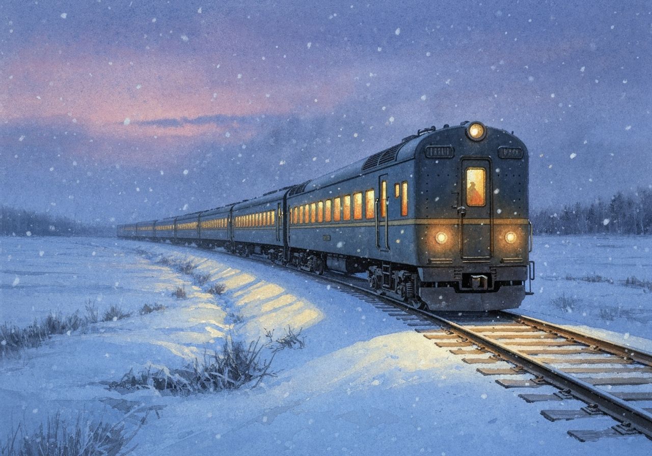 A vintage passenger train, windows glowing with warm, inviting light, crosses a vast, frozen tundra at dusk. Snowflakes dance in the air, an...