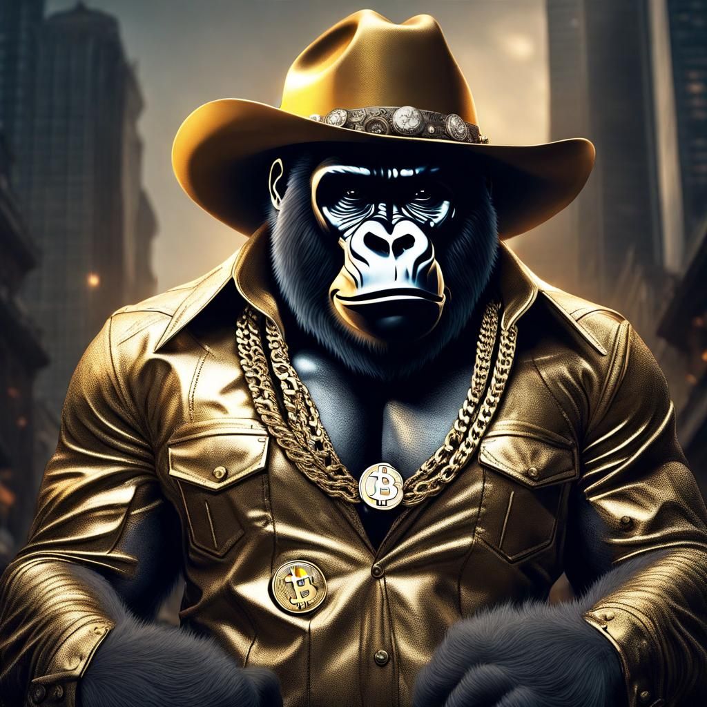 gorilla with a cowboy hat, a bitcoin necklace, and a pro rose in a