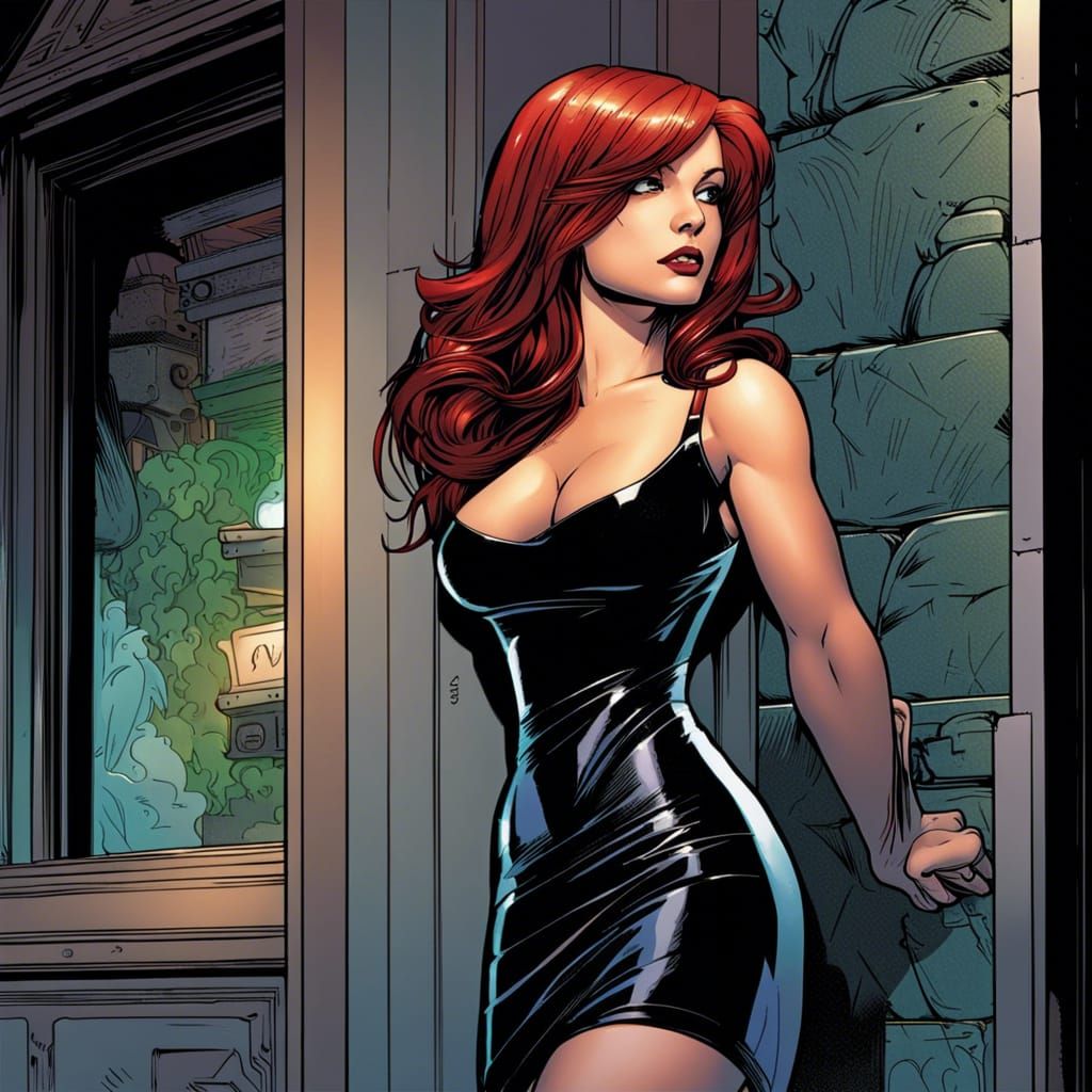 Mary Jane Watson Leaning on a doorway in a sleek black dress