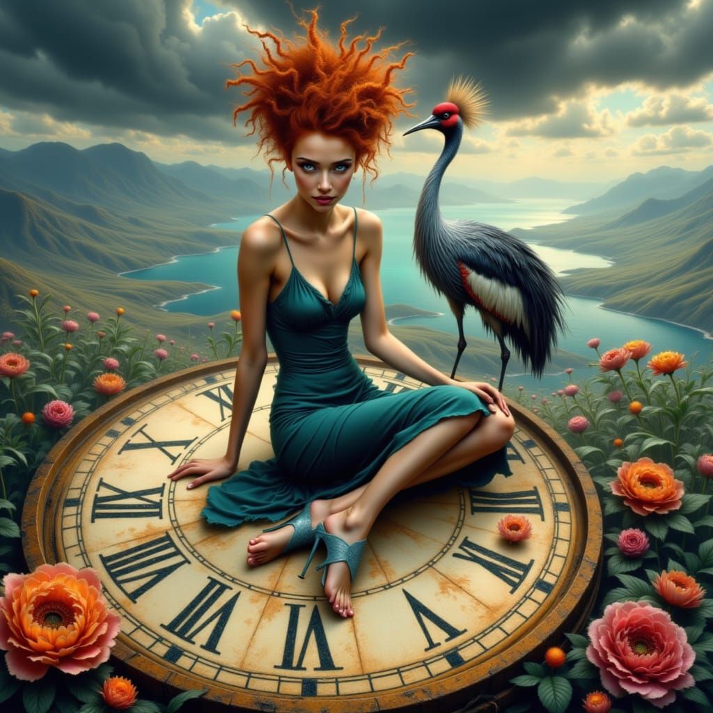 A paint art picture. Photorealistic. Cheerful picture, cheerful, bright colors. Curly red hair. Wildly pinned up, the curls hang down at the...