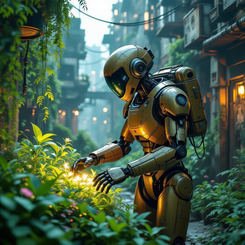 Digital matte painting. A lone robot tending to a bioluminescent garden in a derelict steampunk city. Intricate details, vivid colors, reali...
