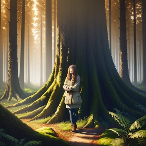 The same forest but dark and eerie, thick fog and shadows, red glowing light, a ghostly young girl with glowing eyes standing in the middle,...