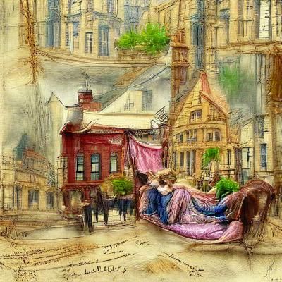 Victorian colored sketch, lush comfortable; City Street Scene