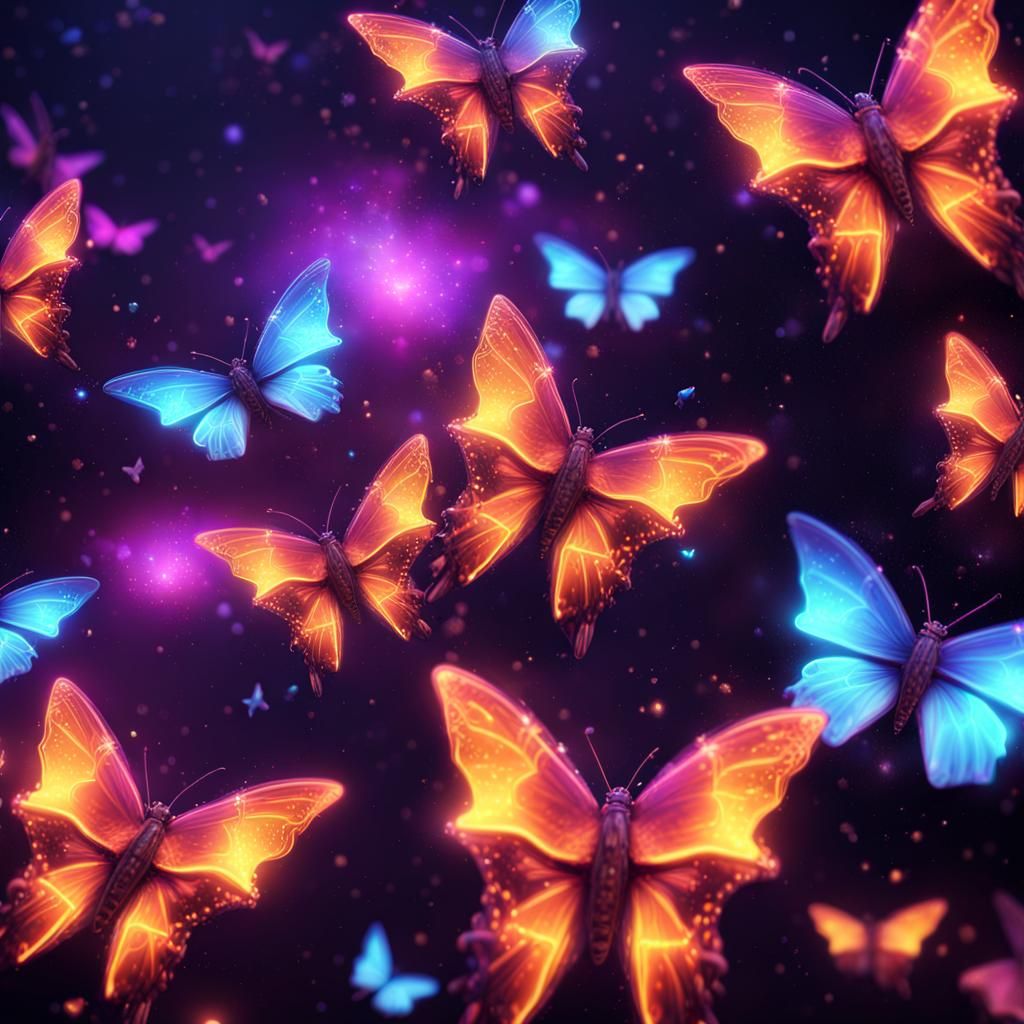 Several Neon butterflies flapping in outer space neon stars - AI ...