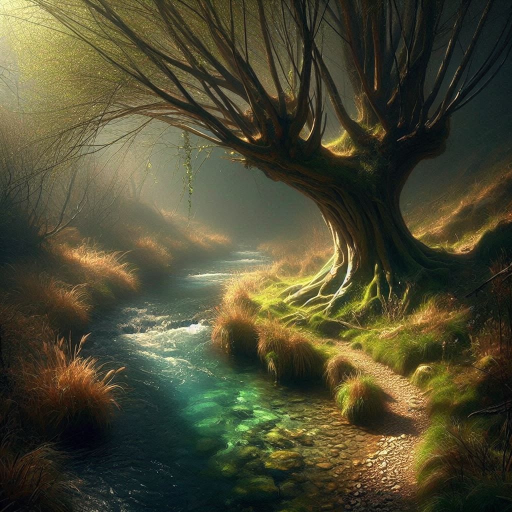 Next to the path, a clear gurgling stream; in the shadow of the willow: Just a moment - I said - and I'm still here