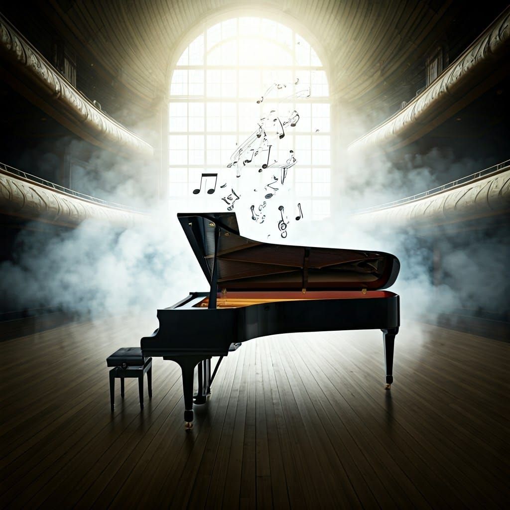 Elegant Piano in Concert Hall with Suspended Notes and Soft ...