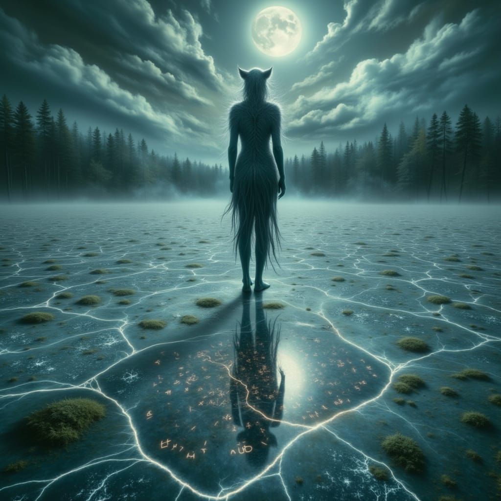 A zoomorphic volva standing on a frozen mirror-like lake under a stormy sky, her reflection shows her inner animal form, cracked glowing run...