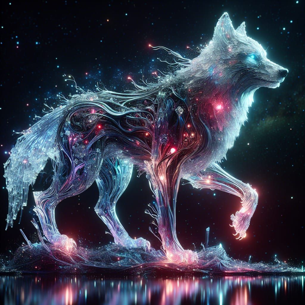 corpo intero di un epico adorabile lupo di cristallo che cammina sopra le galassie in una teca di vetro" vene che brilla...