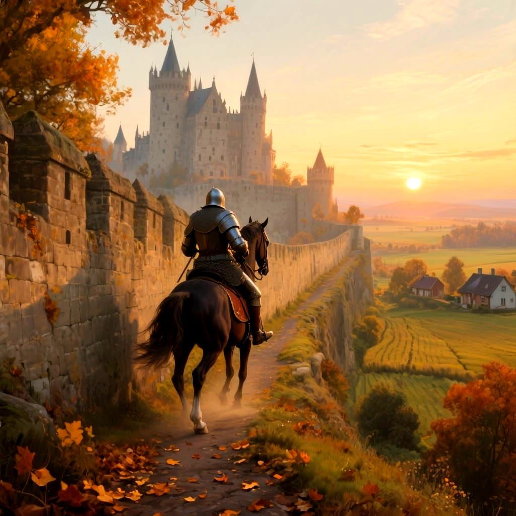 Knight Galloping Along Castle Wall at Sunrise