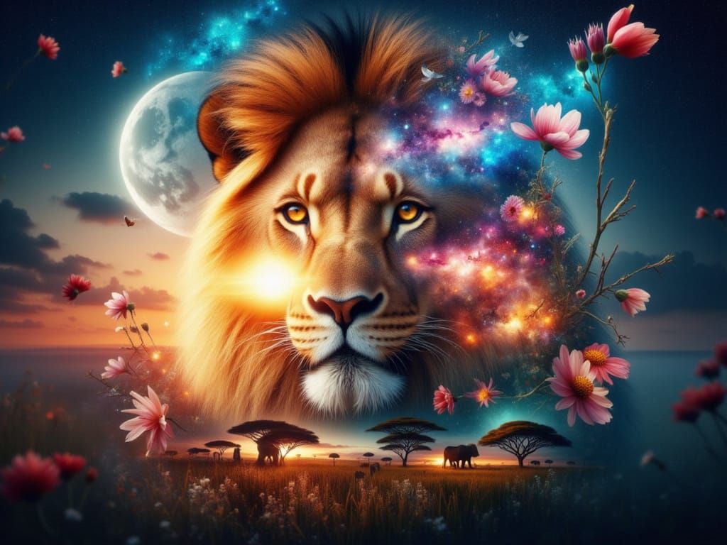 <lora:FiosDblexAnimals:1.0> Lion under a cosmic fantasy sky