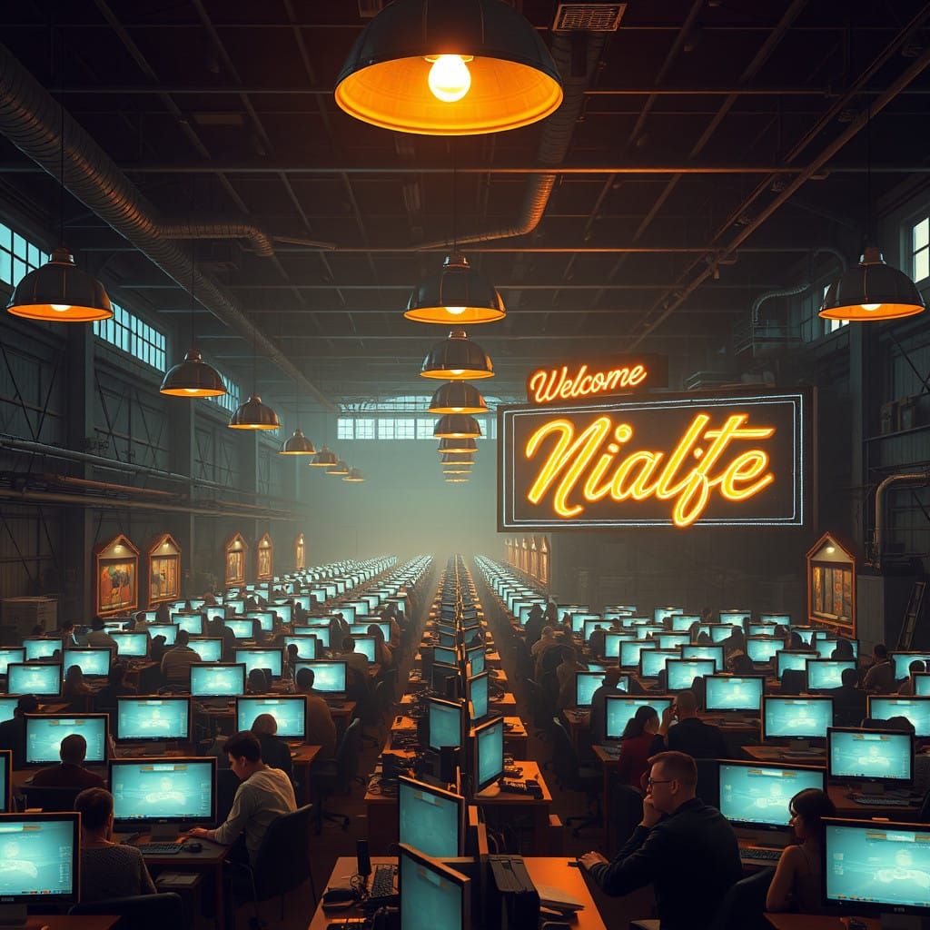 Welcome to Night Cafe!

A long view of rows and rows of creators in a warehouse type of environment. A giant sign on a nearby wall reads: "W...