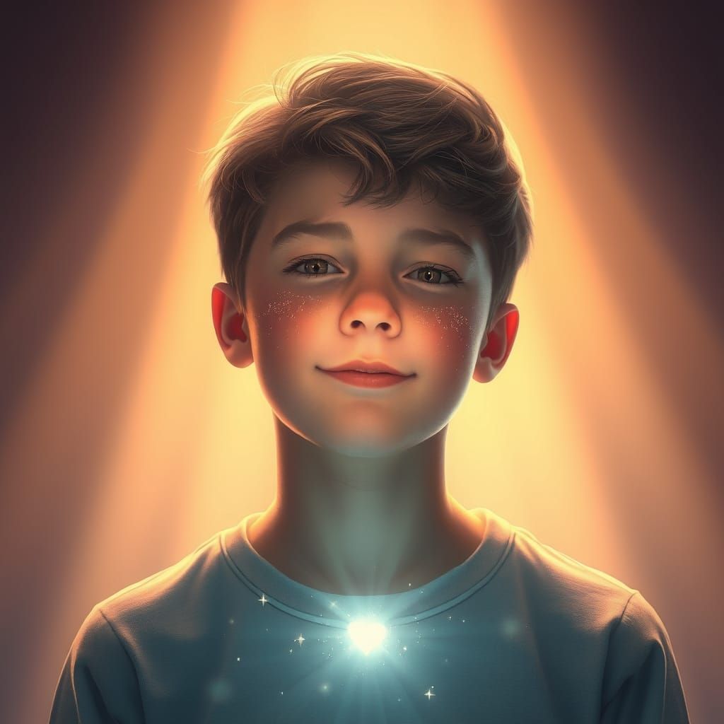 Teenage Boy with Glowing Heart in Soft Pastel Light