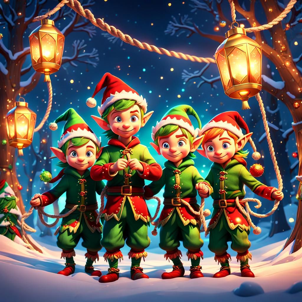 a group of cute Christmas elves tightly tied with ropes in a...