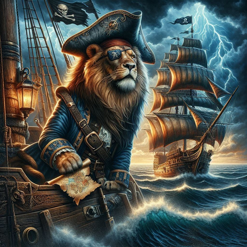 Pirate Lion on Stormy Seas