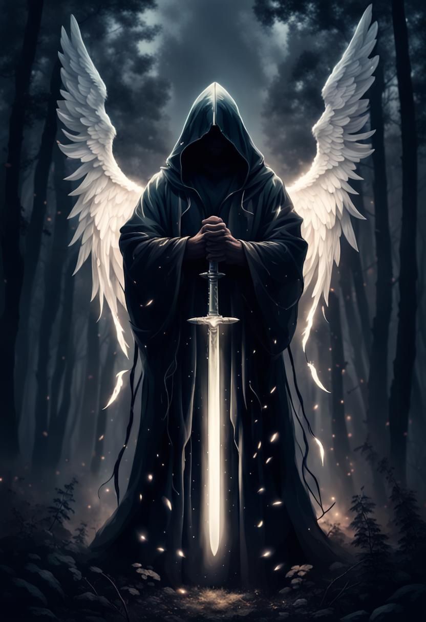 Hooded figure in black robe standing with sword. Glowing Angel wings made  of light. Dark forest with fog - AI Generated Artwork - NightCafe Creator