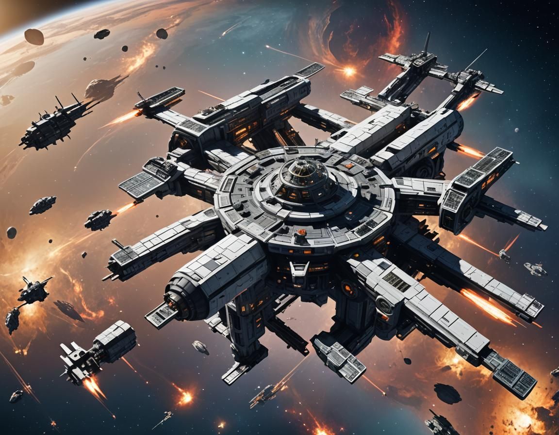 Sci-Fi Space station on the edge of a galaxy blockaded on bo...