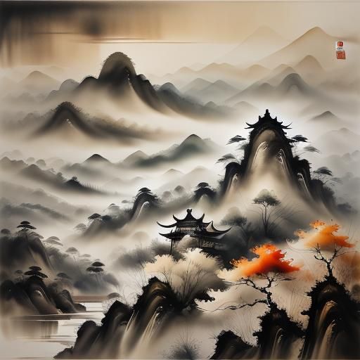 Misty landscapes or distant hills, muted chinese ink painting, muted color, rice paper texture, splash paint, wet to wet techniques, perfect...