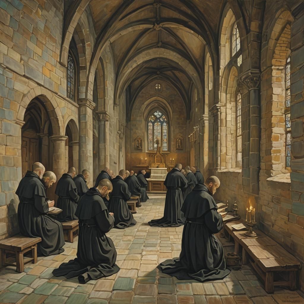 Jesuit monks in a medieval monastery praying in the monastery chapel ...