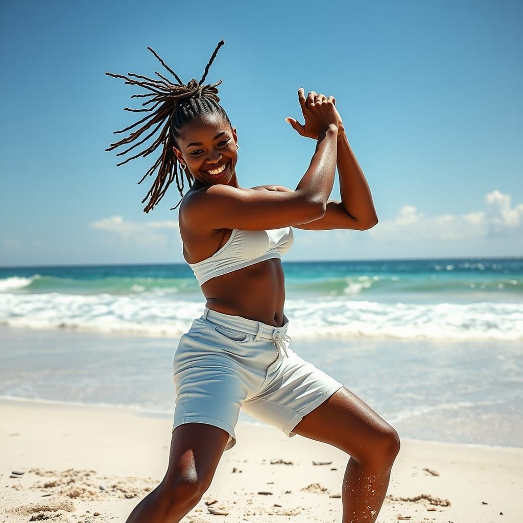 Brazilian Capoeira Dancer in Vibrant Beach Scene