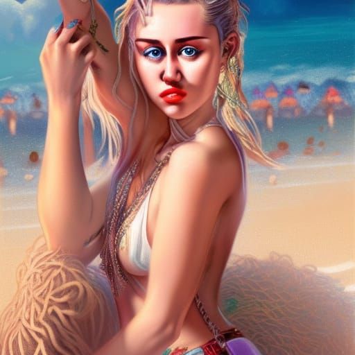 hottest hyperdetailed and ultra realism miley cyrus on beach...