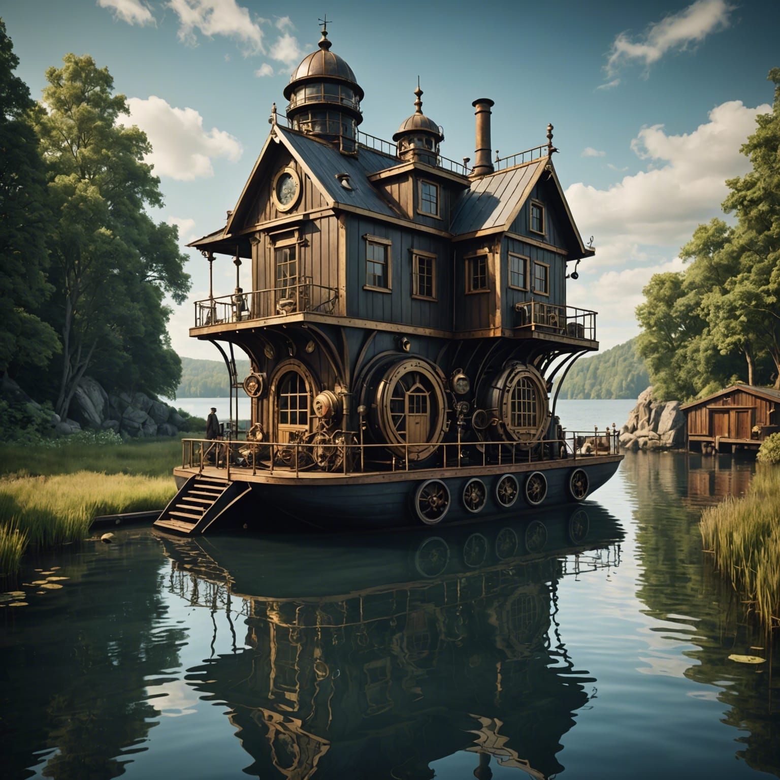 Wild wacky steampunk topsy turvy boathouse in calm waters