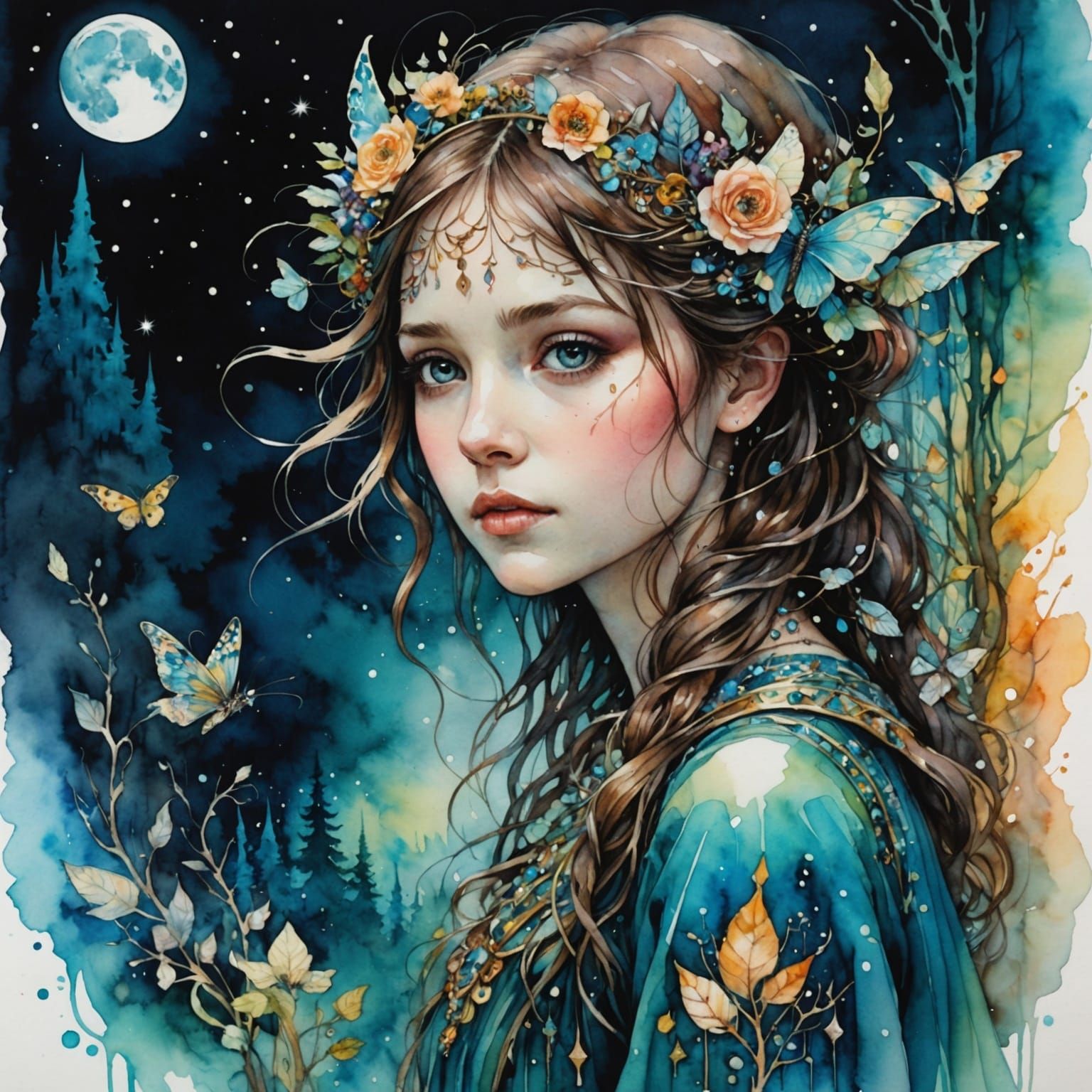 watercolor illustration ;alcohol ink,  opalescent mother of pearl  fractal;  Zentangle;  A young girl, ...  by @Jano