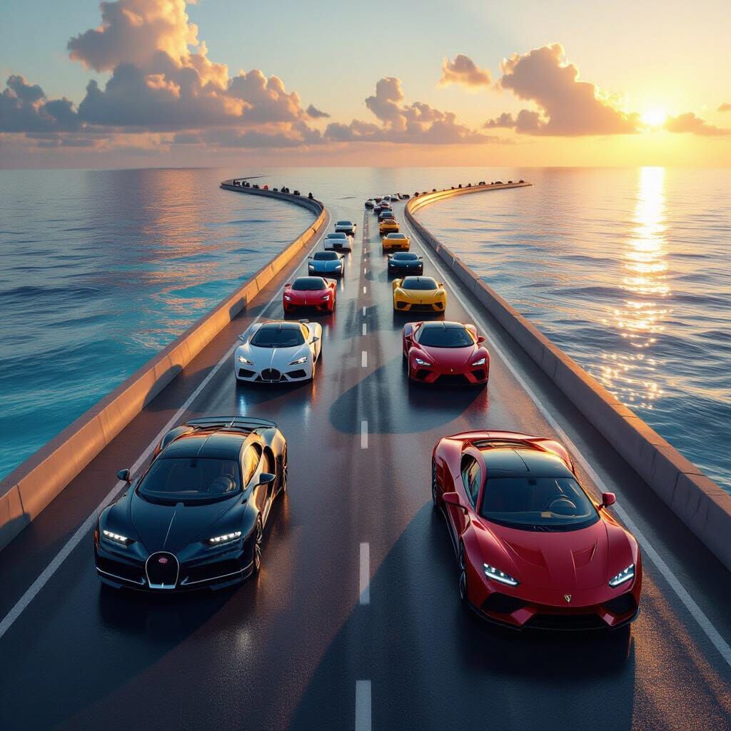 Luxury Cars Drive Through Split Ocean at Golden Hour