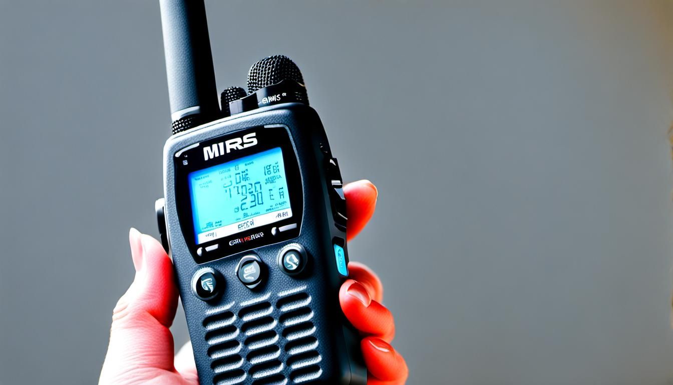 GMRS handheld radio being held by a pretty lady.