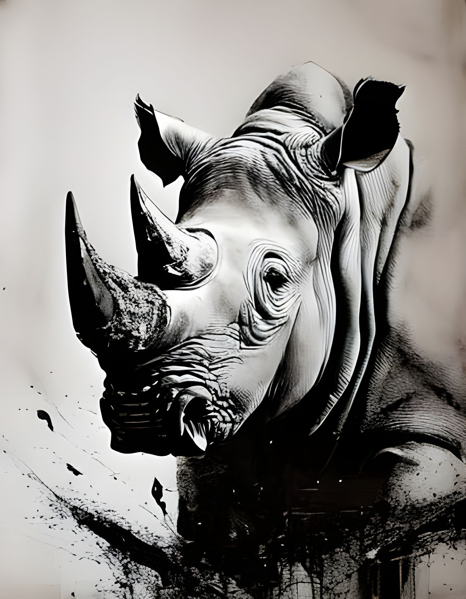 Detailed Rhino Portrait in Chalk and Charcoal Style