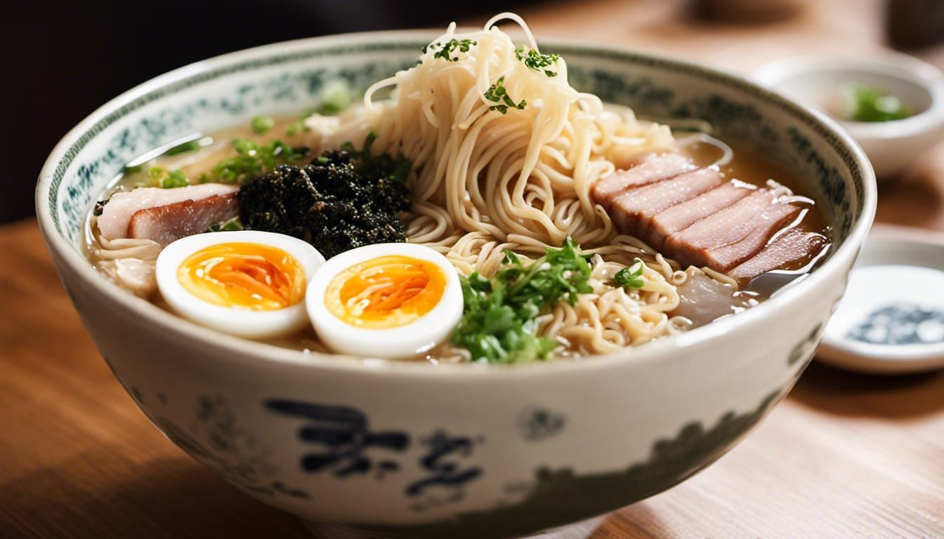 Ramen with slices of chashu, menma (seasoned bamboo shoots), scallions, nori seaweed, and a soft-boiled ...  by @S