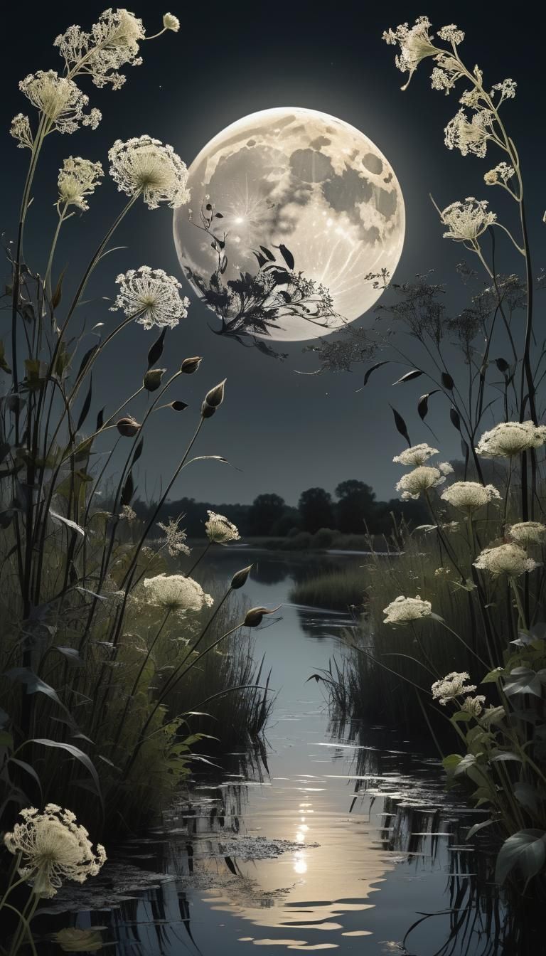 Lovely night scene with moon reflecting in the river