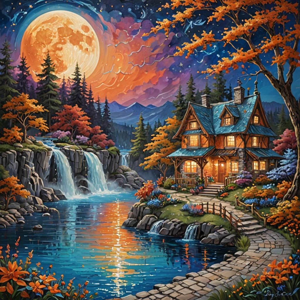 Moonlit Haven by the River’s Edge