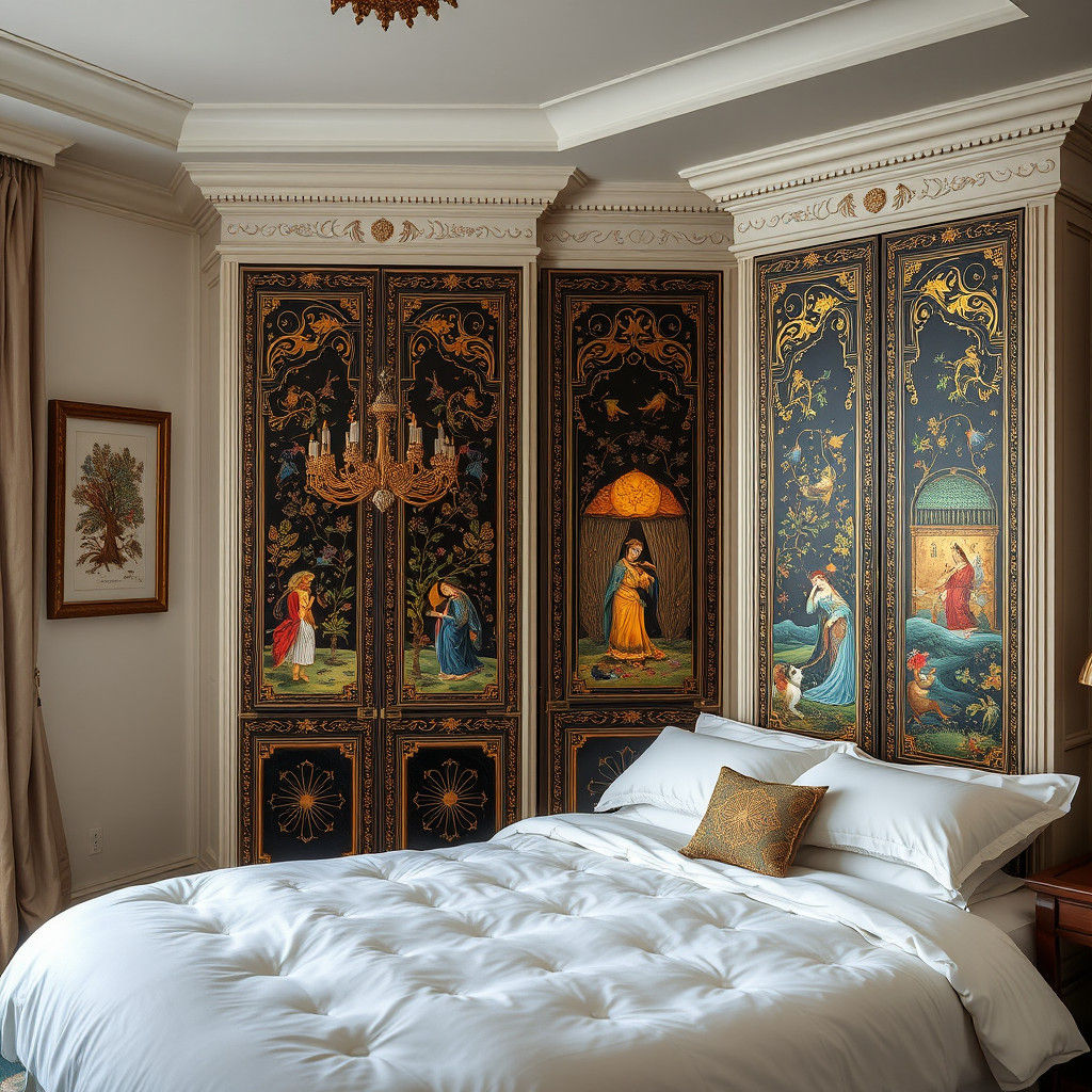 Bedroom with Palekh art on cabinet doors --