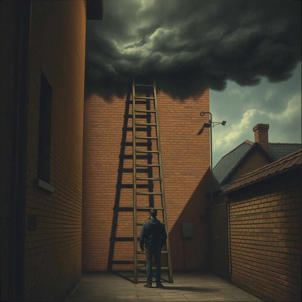 tall, rickety ladder leaning against a brick wall in an alle...