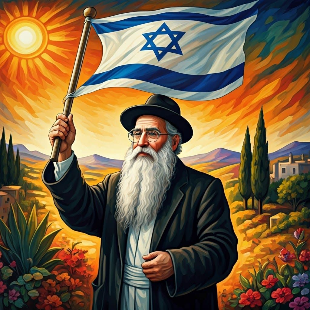 Israeli Leader Waves Flag in Vibrant Landscape