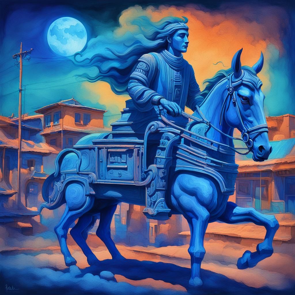 Neon Spirit-Chariot Over Oasis Town: Digital Art